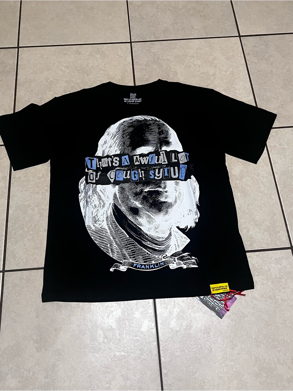 Black Graphic Short-Sleeve Tee with White & Blue Print